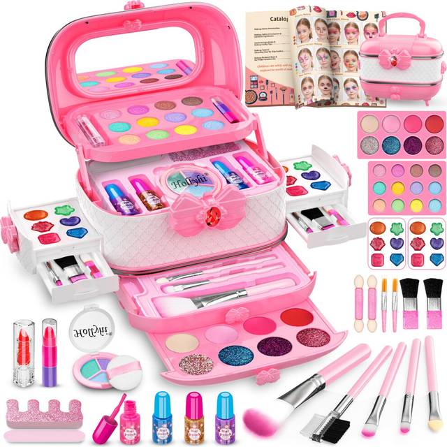 58pcs Kids Real Makeup Sets for Girls, Safe Washable Children Pretend Dress Up Toys Make Up Starter Kit, Princess Christmas Birthday Gifts for Age 3 4