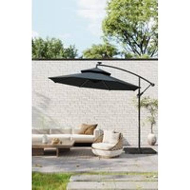 Garden Double-Top Umbrella Parasol with Solar Lights & HDPE Base - Dark Grey - One Size