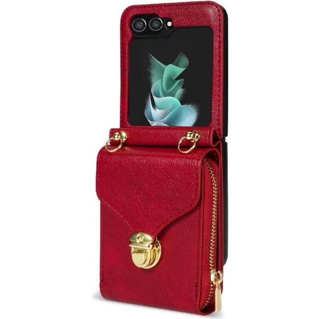(Red) Zipper Pocket Case for Samsung Galaxy Z Flip6 Wallet Case Metal Snap Double-layer Purse Pu Leather Anti-shock