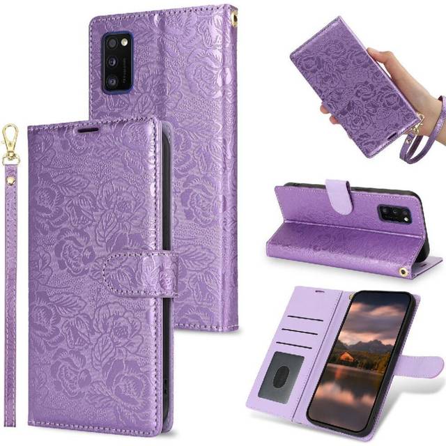 (Purple) Flip Case for Samsung Galaxy A41 Wallet Wrist Lanyard Magnetic Closure Soft Tpu