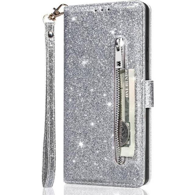 (Silver) Zipper Pocket Case for Samsung Galaxy S25 Plus Card Holder Glitter Wallet Case Wrist Strap Pu Leather Magnetic Closure
