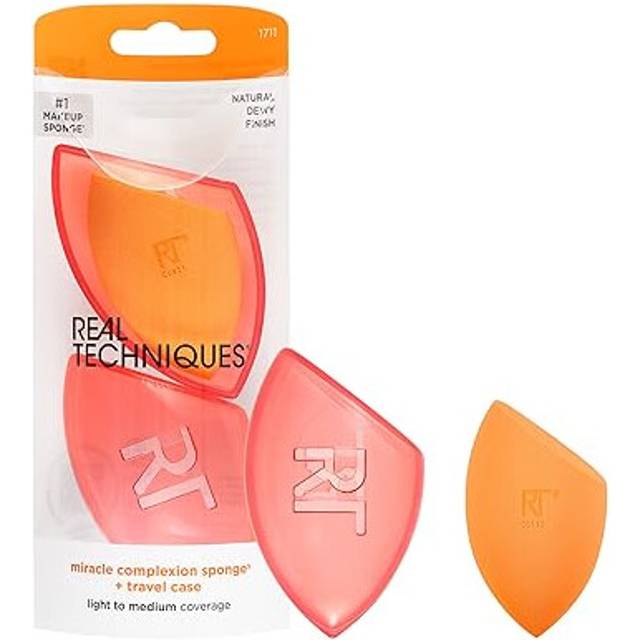 REAL TECHNIQUES Miracle Complexion Makeup Sponge for full cover foundation with Travel Case (Packaging and Colour May Vary)
