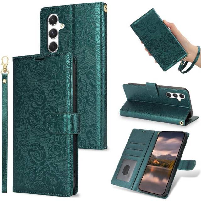 (Green) Flip Case for Samsung Galaxy A34 5g Wallet Wrist Lanyard Magnetic Closure Soft Tpu