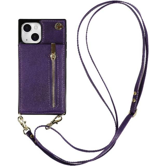 (Purple) Case for iphone 14 Plus Long Strap Zipper Holder Shockproof Wallet