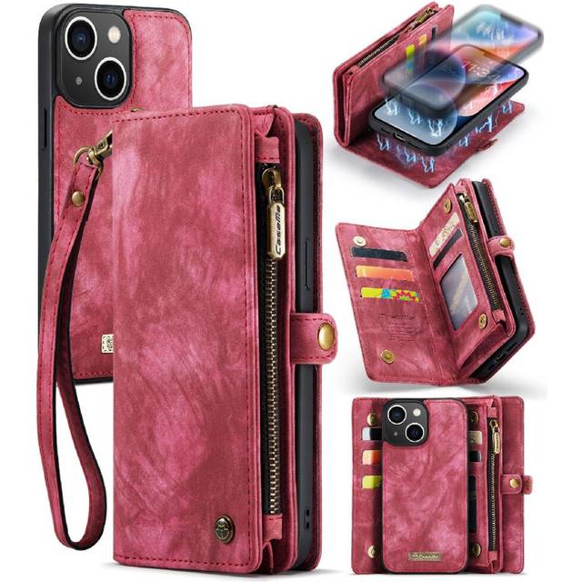 (Red) Case for iPhone 14 TPU PC Handmade Leather Zipper Strong Magnetic Wallet Cover Trifold with Detachable Card Holder