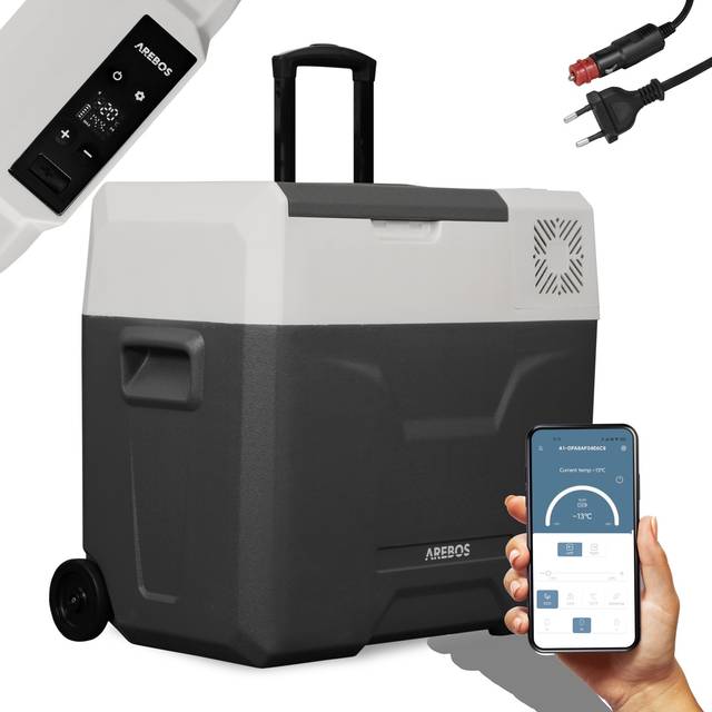 Arebos kompressorkylbox med hjul 47 liter | Elektrisk frysbox med APP-kontroll för kylning, frysning och varmhållning | Kyl ned till -20 °C | Kylbox för bil, 12/24 V 230V | Antracit