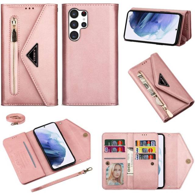 (Rose Gold ) Zipper Pocket Case for Samsung Galaxy S25 Ultra Protective Cover Crossbody Strap Kickstand Shockproof Wrist Strap