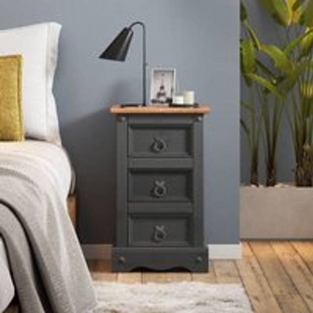Mercers Furniture Corona Charcoal Narrow 3 Drawer Bedside, Grey