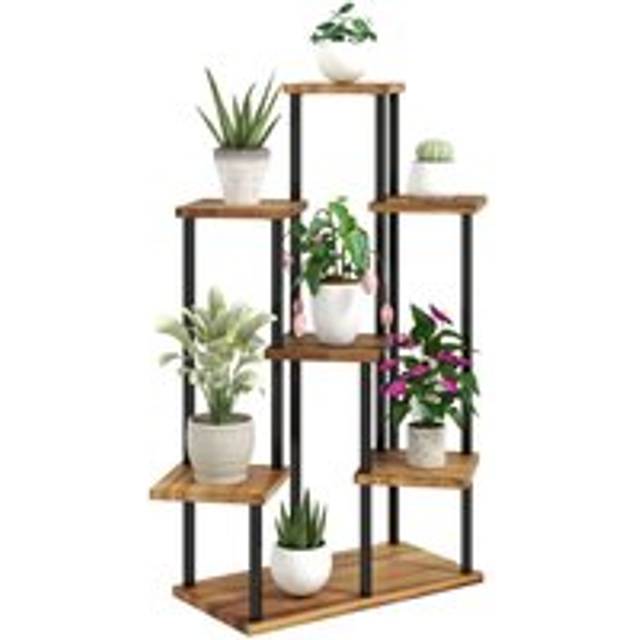 Outsunny 7 Tier Plant Stand, Tall Steel Wood Plant Shelf, Carbonised Finish, Grey