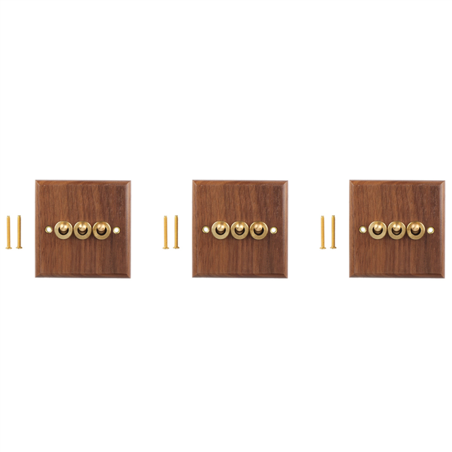 3X Retro American Industrial Style Light Switch Socket, Solid Wood Brass Toggle Plate,Antique Home Stay Switch(3)