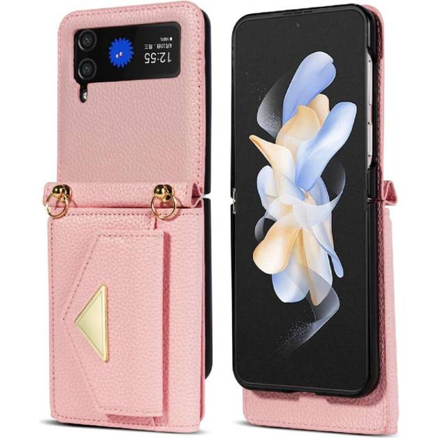 (Pink) Accordion Card Wallet Case for Samsung Galaxy Z Flip3 5g Pu Leather Magnetic Closure Crossbody Strap Card Holder Protective Cover