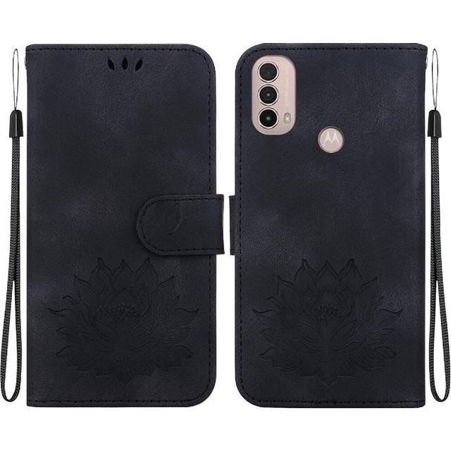 (Black) Flip Case for Motorola Moto E30 /e40/e20 Relief Lotus Flower Kickstand Magnetic Wallet Kickstand