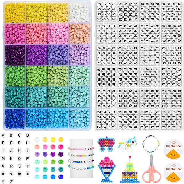 6000+pcs 4mm Glass Seed Beads for Bracelets Making, 24 Colors Friendship Bracelets Kit with 1200+pcs Letter Beads, Small Seed Beads for Jewelry Making