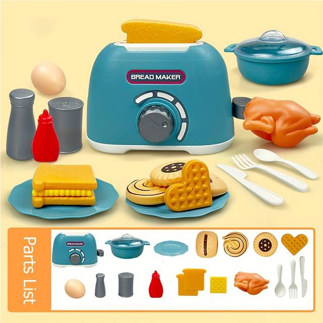 (Bread Maker Blue) Kids Pretend Play Toaster Set with Assorted Play Food Accessories - Children'S Kitchen