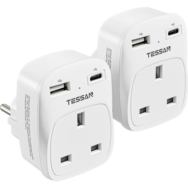 UK to European Travel Plug Adapter, 2 Pack Schuko Grounded Euro EU Plug Adapter with 2 USB Ports (1 USB C), for Most of Europe Spain Germany France