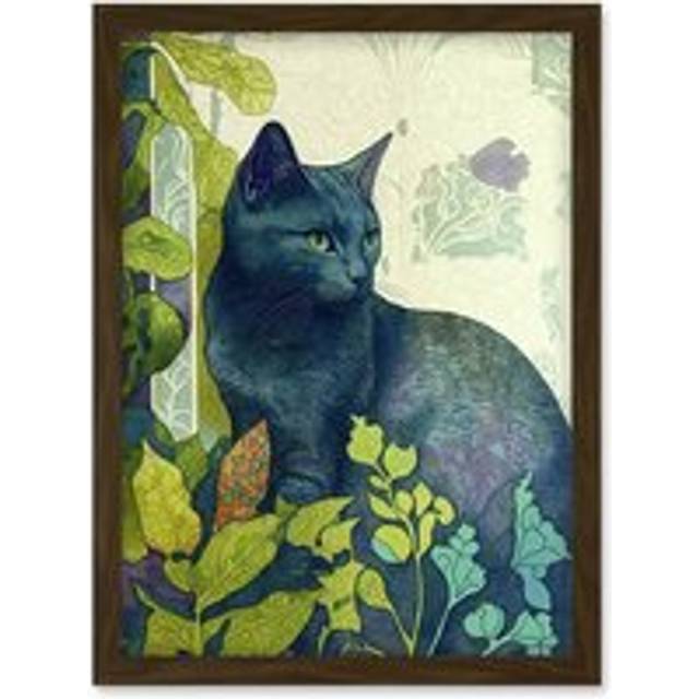 Russian Blue Cat with Bright Ornate Plants Modern Art Nouveau Illustration Artwork Framed Wall Art Print A4 - Brown - One Size