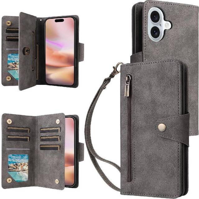 (Gray ) Case for iphone 16 with Hand Strap Zipper Wallet Cover Magnetic Leather Card Holder