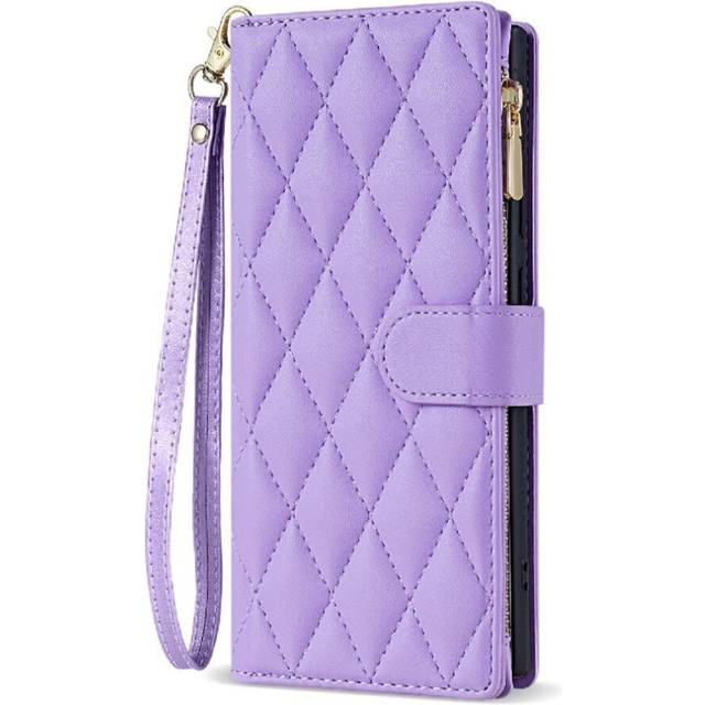 (Purple) Fashion Wallet Case Compatible with Samsung Galaxy Z Fold5 Zipper Pocket Kickstand Protective Cover Card Holder Wrist Strap