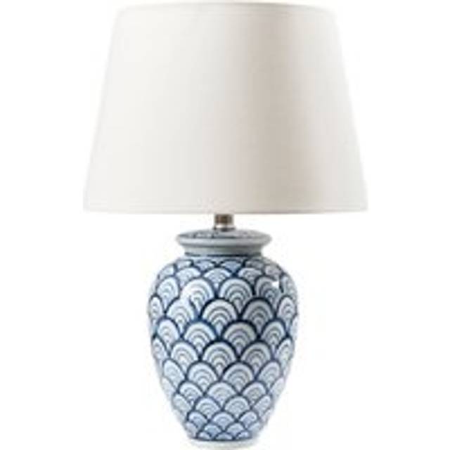 Beliani - Table Lamp Adorned Porcelain Base Linen Light Shade with a Pattern Lighting Living Room Bedroom Blue and White Jauca