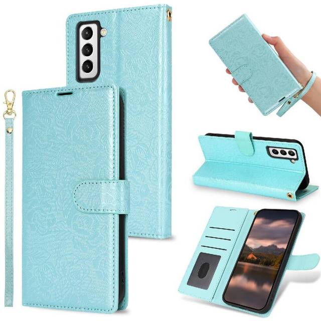 (Blue) Flip Case for Samsung Galaxy S21 Fe Wrist Lanyard Wallet Soft Tpu Magnetic Closure