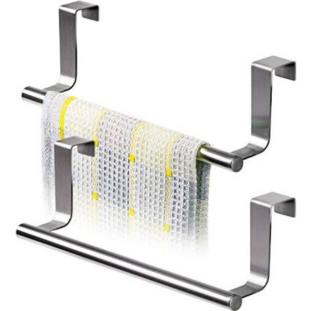 Tatkraft 2 Pack Horizon Over the Door Towel Rail Stainless Steel Towel Holder for Kitchens and Bathrooms with Anti-Slip Scratch-Protecting Stripe