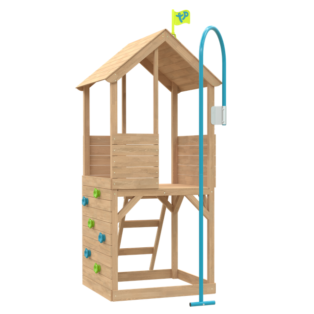 Treehouse Wooden play Tower with Climbing Wall and Fireman's Pole - FSC certified