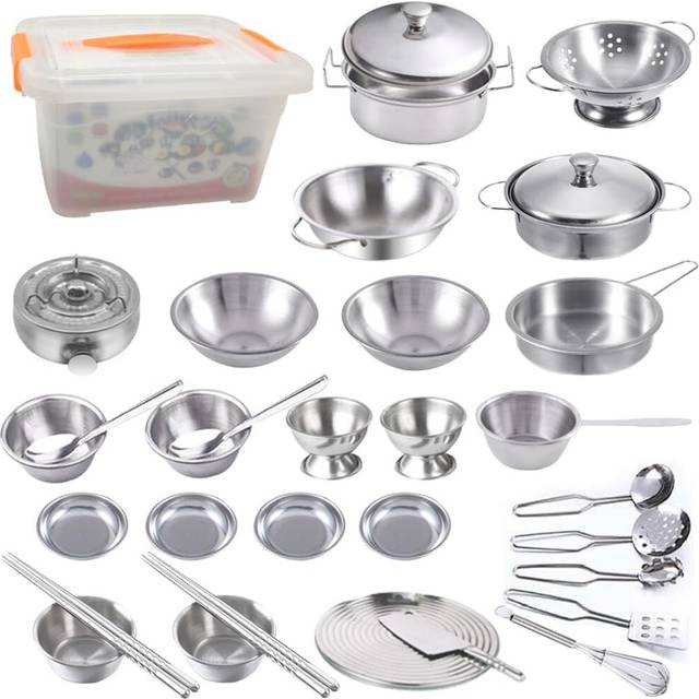 Kitchen Pretend Play Accessories ,Mini Stainless Steel Cookware Set with Portable Storage Box,Cooking Utensils,Play Pots and Pans, Role Play