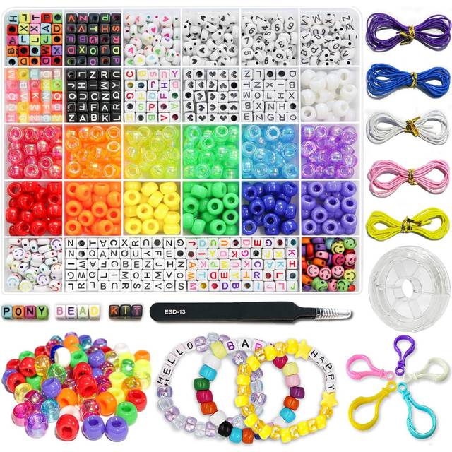 1300 Pcs DIY Childrens Crafts Beads Friendship Bracelet Kit, with Pony Beads Letter Beads and Elastic Cord, Colorful Charms, Used for Custom Necklace