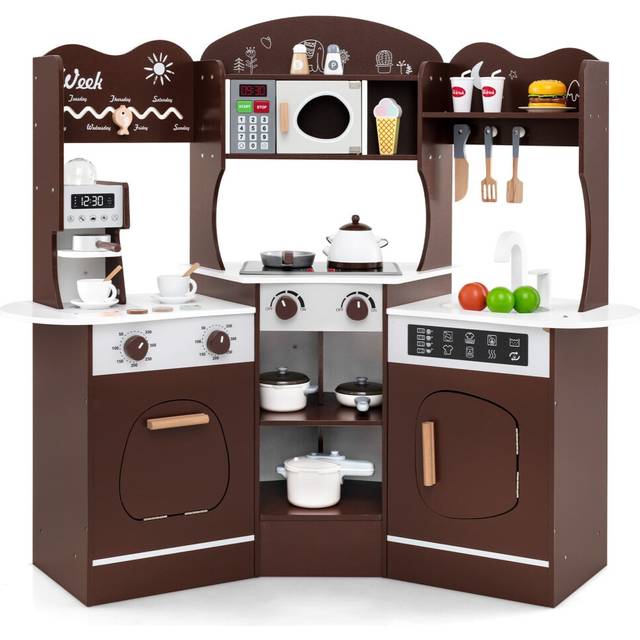 Corner Wooden Play Kitchen Toddler Kitchen Playset w/Sounds-Coffee