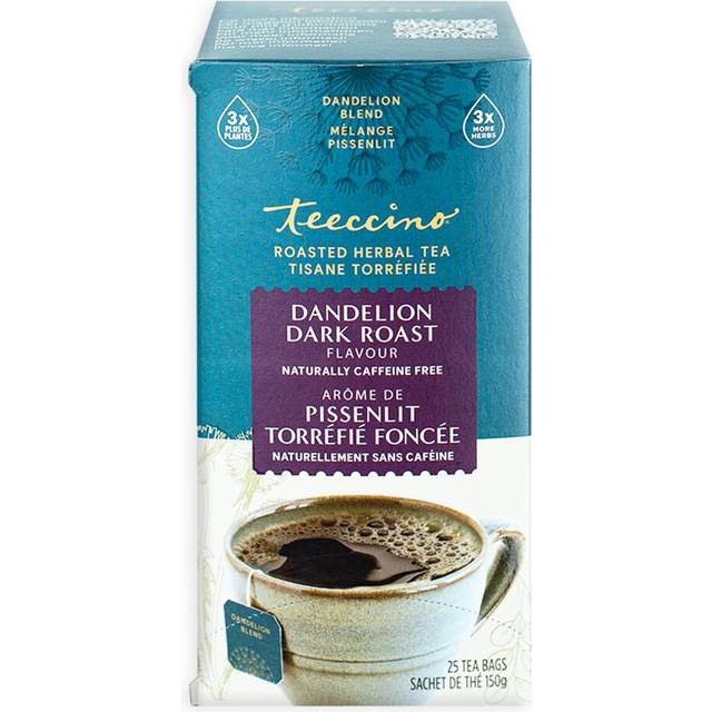 Teeccino Dandelion Herbal Tea - Dark Roast - Caffeine Free, Prebiotic, Gluten Free, 3x More Herbs - 25 Tea Bags