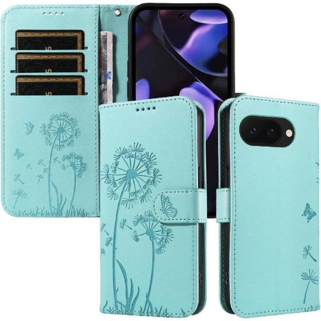 (Green) Compatible with Google Pixel 9a Flip Case with Card Slots and Wrist Strap Stylish and Protective Dandelion Print Leather Phone Case