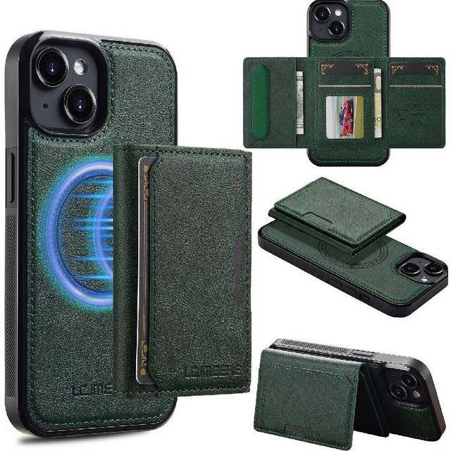 (Green) Wallet Case for iphone 14 Magnetic Pu Leather Rfid Shielding 2 In 1 Detachable Card Slots