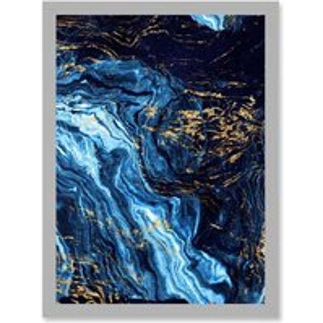 Abstract Dark Blue Gold Pour Watercolour Modern Artwork Framed Wall Art Print A4 - Grey - One Size