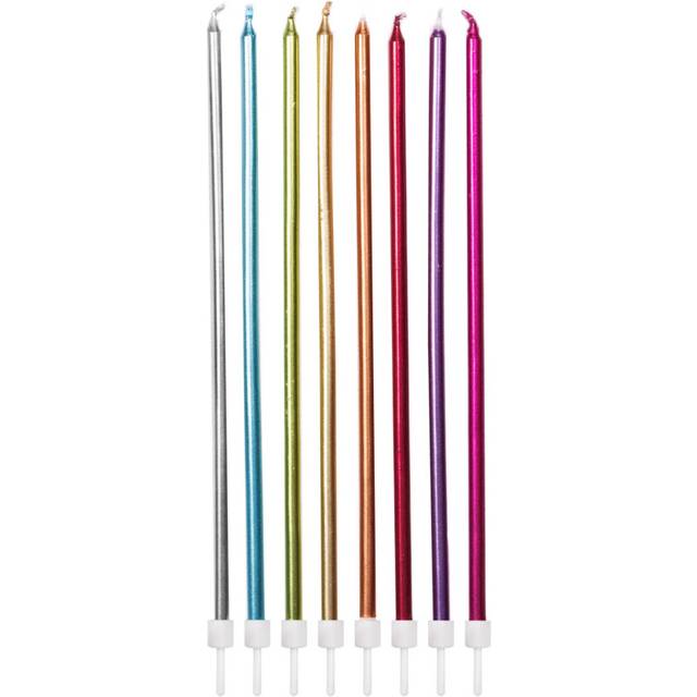 Pack of 16 Extra Tall Slim Birthday Cake Candles with Holders, Metallic Rainbow Mix, 18 Centimeters, Strong and Sturdy, AHC235