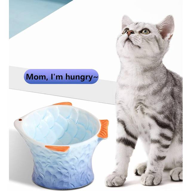 Raised Tilted Ceramic Cat Bowl - Cute Elevated Slanted Shallow Angled Cat Dish