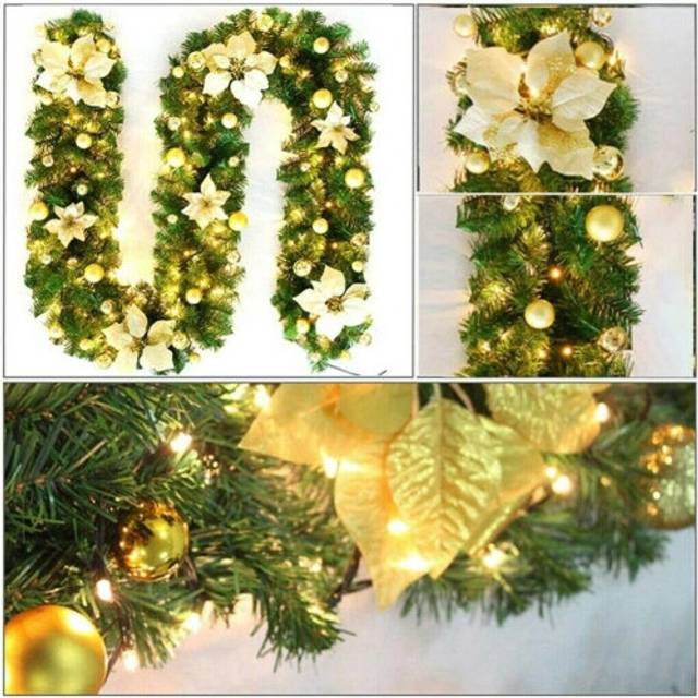(Gold) Christmas Garland LED Lights Up Xmas Wreath Fireplace Door Decor 9FT