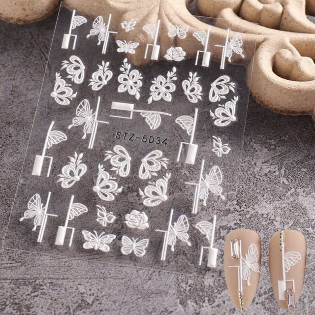 5D Embossed Flowers Leaves Nail Stickers Self-Adhesive Wedding Slider Decals