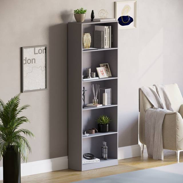 (Grey) Cambridge 5 Tier Bookcase Tall Shelf Storage Unit