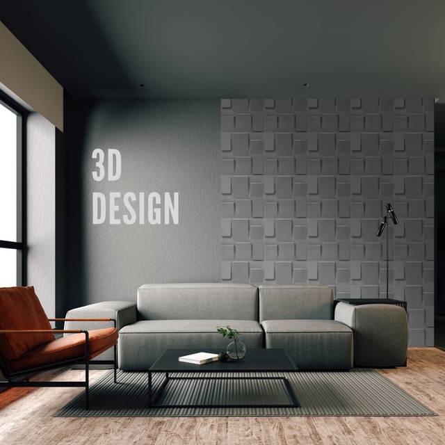 (Matt Grey Silver, Set of 8) 3D Wall Panels (50x50cm) Geometric Squares Design