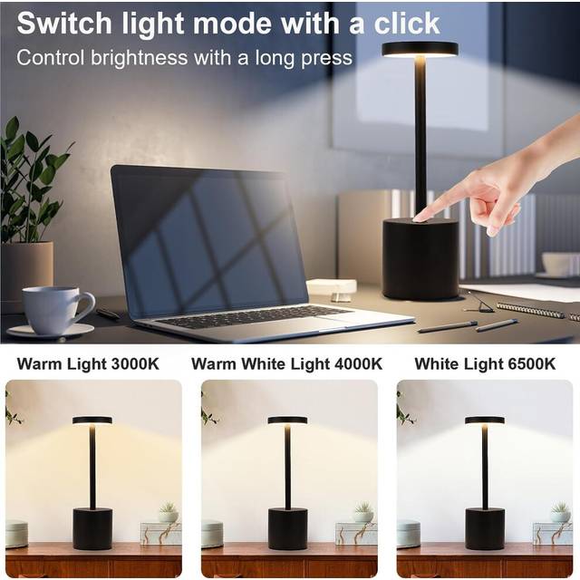 LED Cordless Table Lamp, Rechargeable Battery Operated Lamp, Stepless Dimmable USB Portable Powered Desk Lamp Night Light, for Office Bedroom(Black)