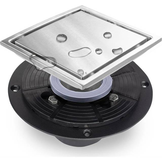 6 Inch Square Shower Floor Drain in Grid Patten Grate Removable Cover with Stainless Steel Base Flange Brushed Nickel