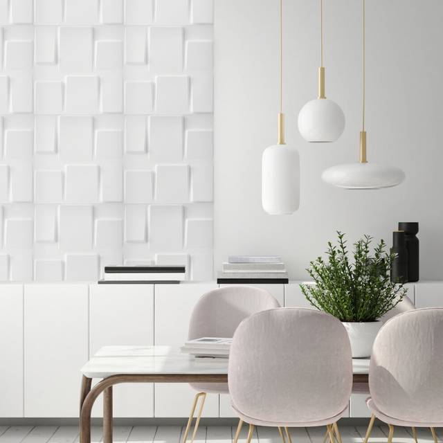 (Matt White, Set of 8) 3D Wall Panels (50x50cm) Geometric Squares Design
