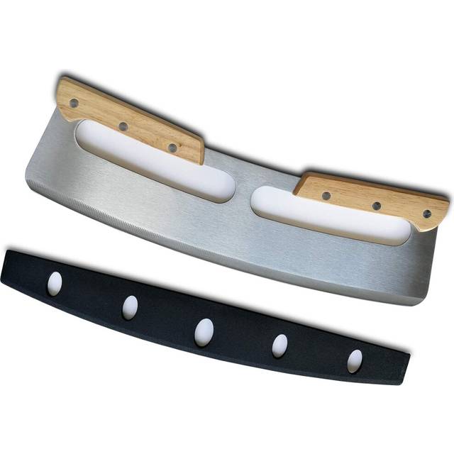 Pizza Cutter Rocker,Stainless Steel Blade Knife With Double Wooden Handle & Plastic Cover