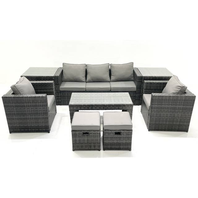 Fimous Rattan Garden Furniture Set Outdoor Lounger Sofa with Coffee Table 2 Armchair 2 Small Footstools 2 Side Tables Dark Grey Mixed