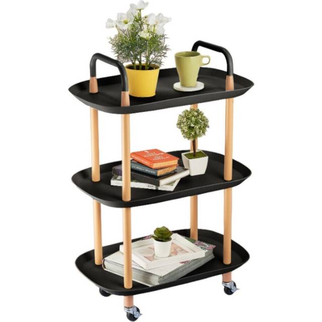 (Black) 3 Tier Beech Wood & Plastic Serving Storage Trolley Food Drinks Cart on Wheels