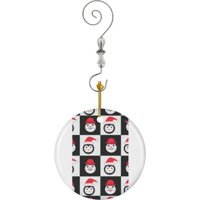 (Checkered Christmas Snowman And Penguins On White And Black_9078) Christmas Ornaments Ceramic with Crystal Hook Xmas Handmade Tree Decorations Keepsa