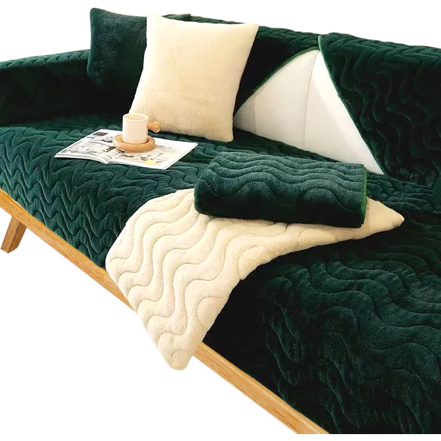 (50x70cm) Sofa Towel Super Soft Wave Dark Green Rabbit Plush Quilted Couch Cover Slipcovers
