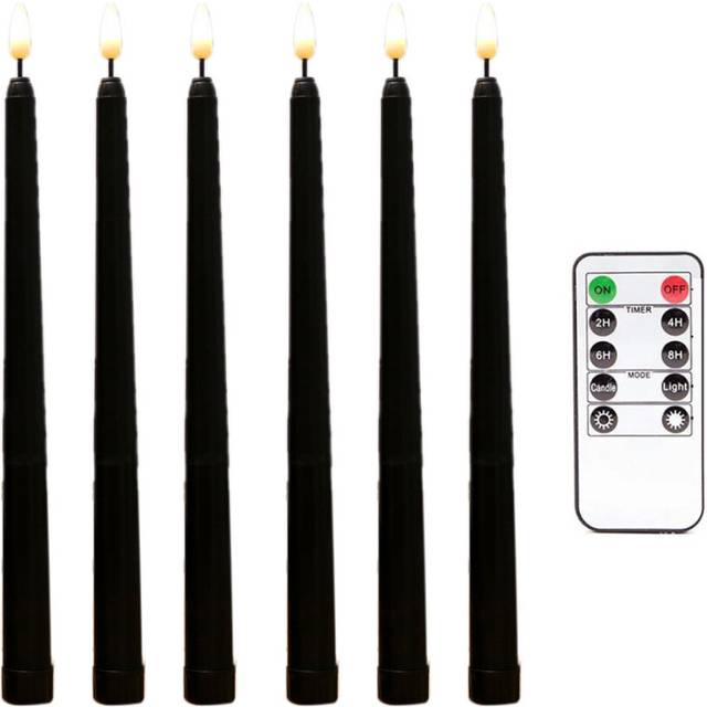 6Pcs Flameless Black Taper Candles Flickering with 10-Key Remote Timer, Battery Operated LED Candlesticks Window Candles