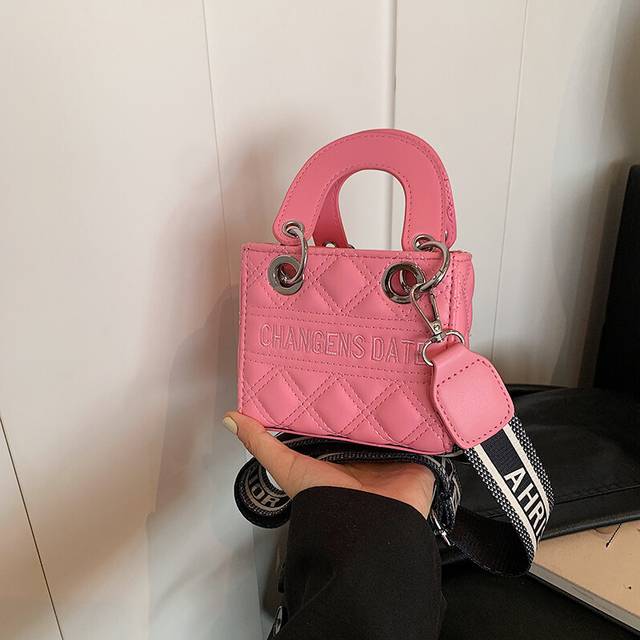 (Square Red) Fashionable Pink Mini Bucket Bag With Quilted Design Lightweight Pu Material Perfect For Kids And Adults