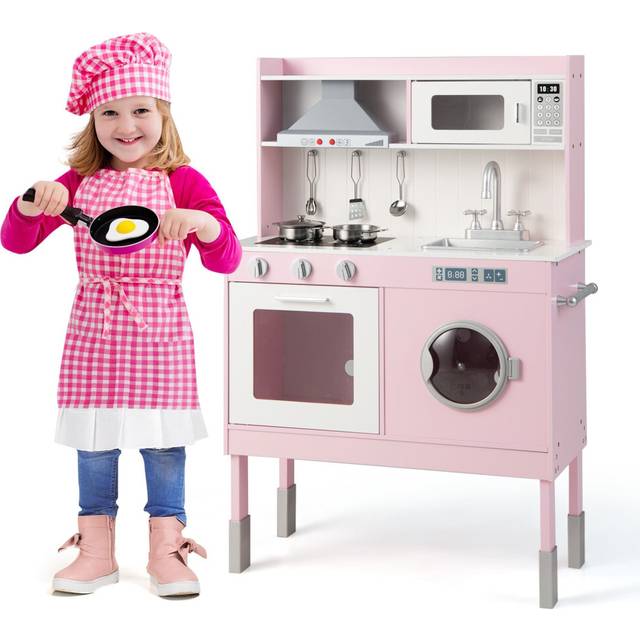 Pretend Play Kitchen Toy Kitchen Playset With Range Hood-Pink